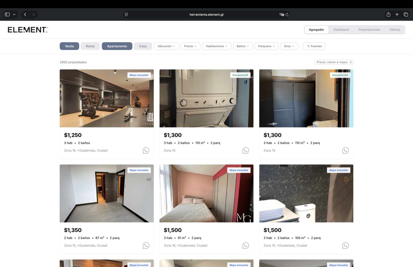 ELEMENT search results showing aggregated property listings with photos and pricing